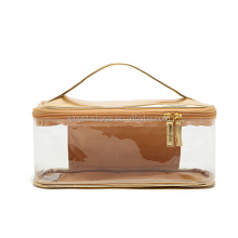 Gold Leather Trim Transparent PVC Window Square Cosmetic Bag With Zipper